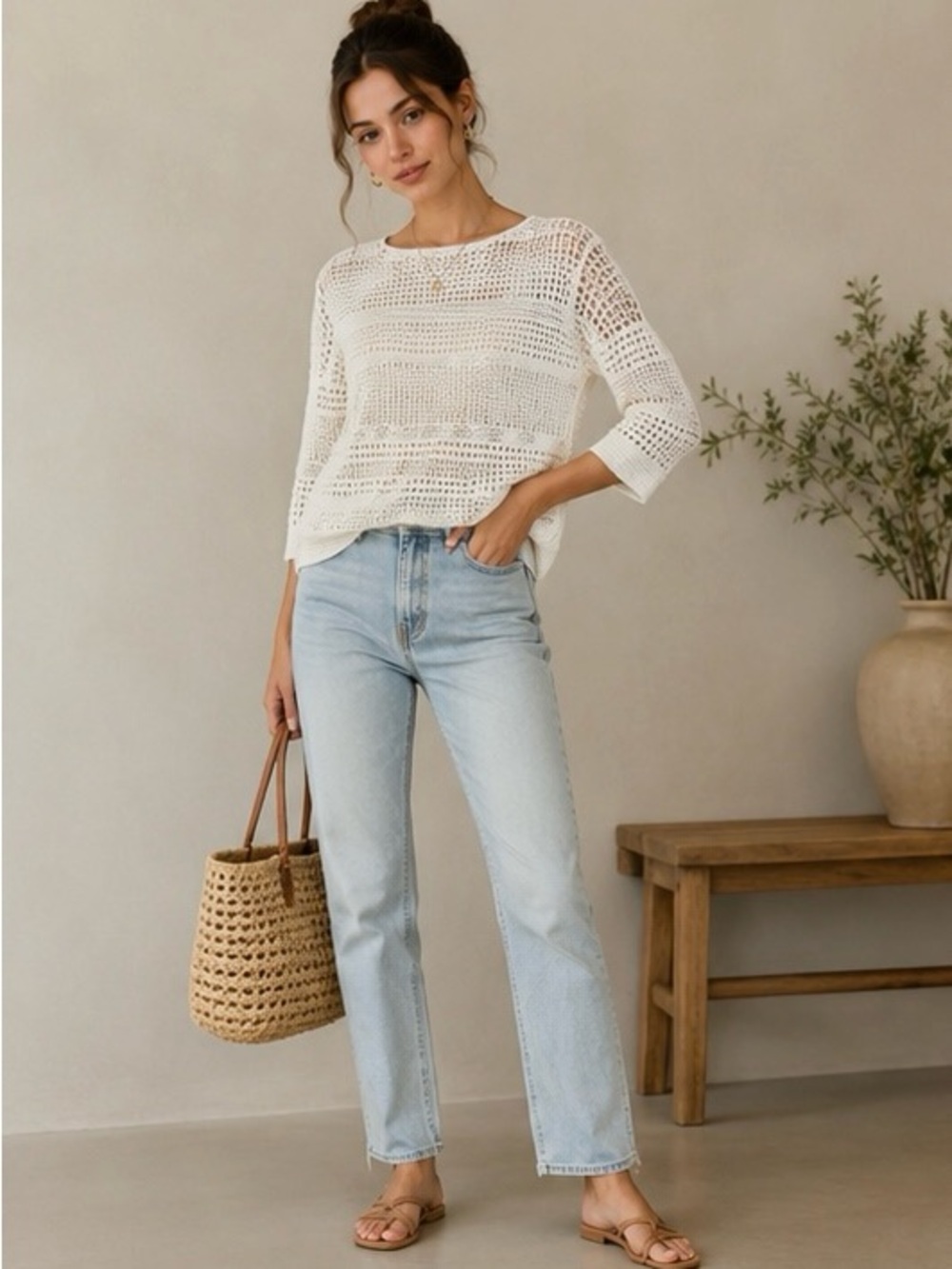 Old Navy Open Knit Crochet Sweater Cream Boho Lightweight Petite Small